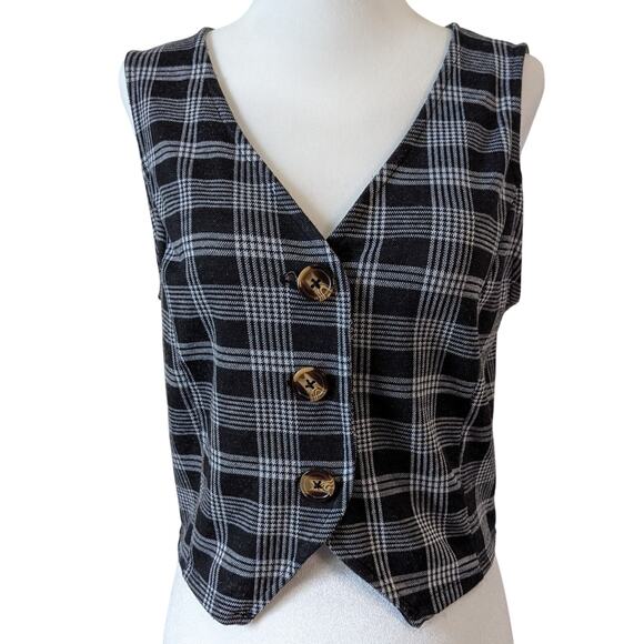 Liz & Sara 90's Style Button Front Black & White Plaid Cropped Vest Size XL - Picture 1 of 7